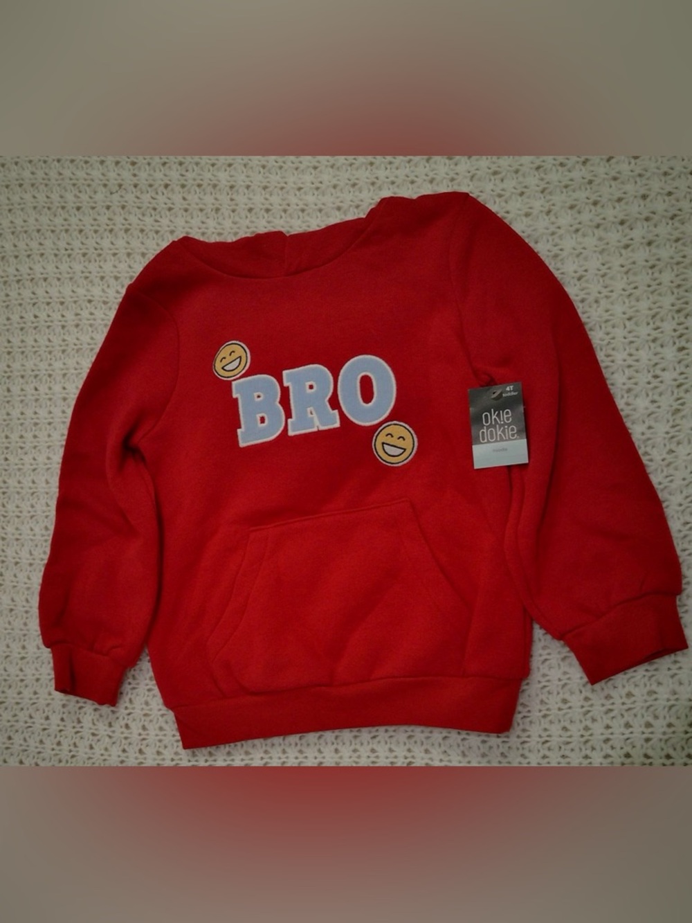 Okie dokie red toddler hoodie features a bold "BRO" graphic accented size 4T